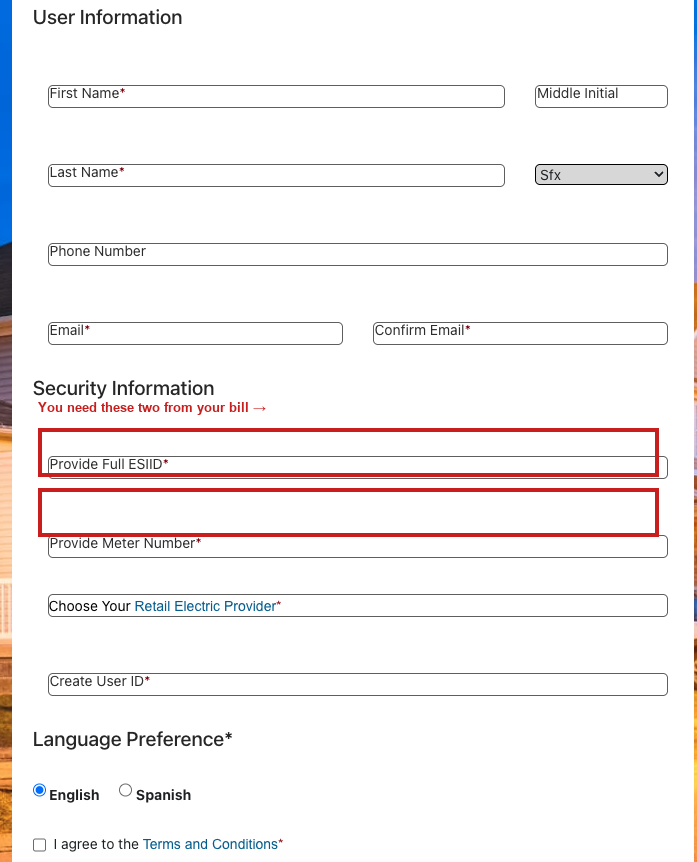 ESIID and meter number form